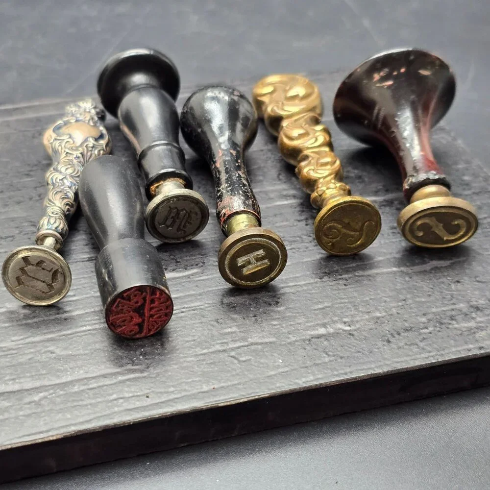 Set Of 6 Antique Wax Seal Stamp Seals Various Handles & Monograms HS286